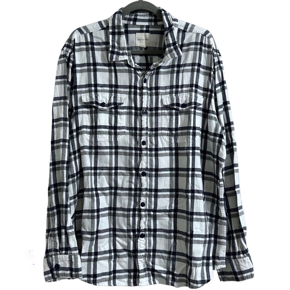 American Eagle Flannel Button Down Long Sleeve Shirt Plaid White Blue Men’s XXL